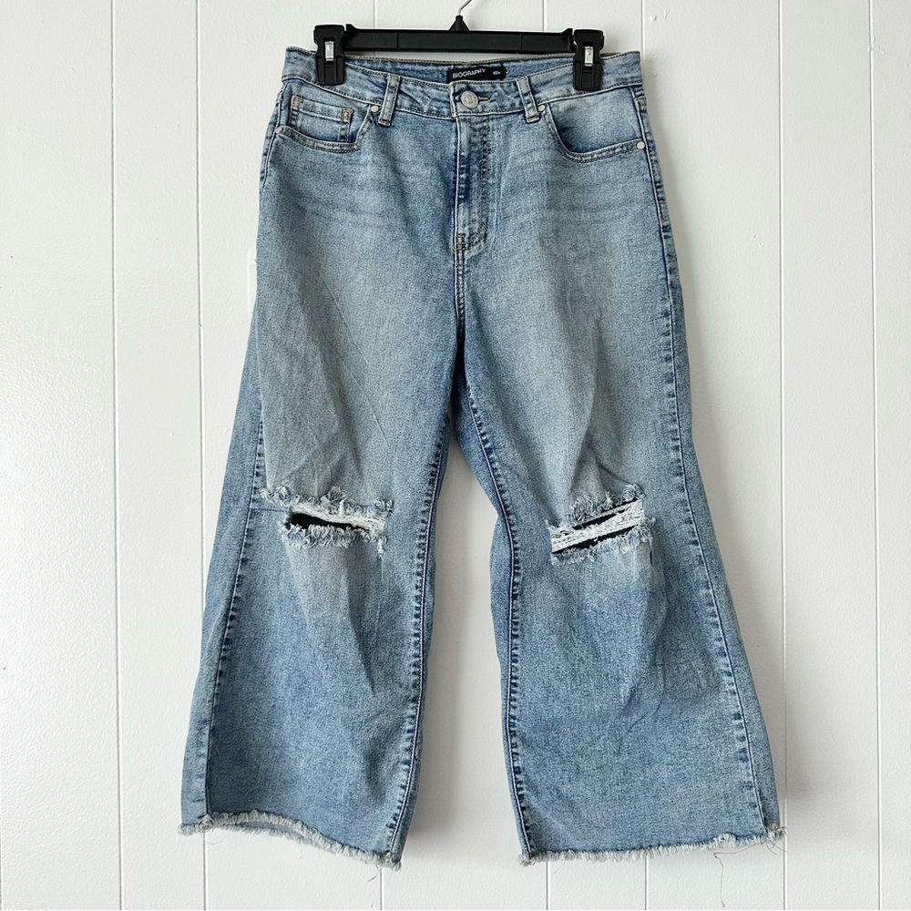 Biography Denim Teens blue highwaisted wide legged distress ankle jeans, small